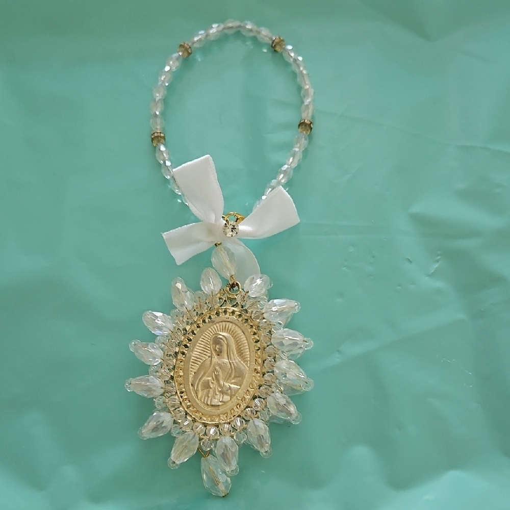 Gold and Clear Crystal Religious Pendant Necklace with White Bow